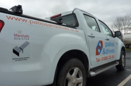 Patios & Drives pickup sign os side